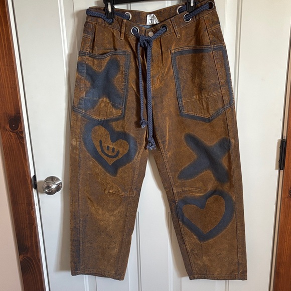 Oli & Hali Denim - Women’s Barrel Swede looking Brown Pants with Black Graffiti Hearts & Xs